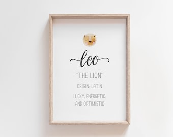 Leo Name Meaning Print, Leo Name Art, Baby Shower Gift, Boys Room Decor, Nursery Name Sign, Boy Name Print, Instant Download, Gift for Boy