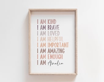 Neutral Kids Affirmation Wall Art, Custom Name Print, Affirmation for Kids, Neutral Watercolor, Personalized Gift for Kids, I am enough