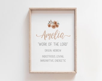 Amelia Name Meaning Print, Amelia Name Art, Baby Shower Gift, Girls Room Decor, Nursery Name Sign, Girl Name Print, Instant Download