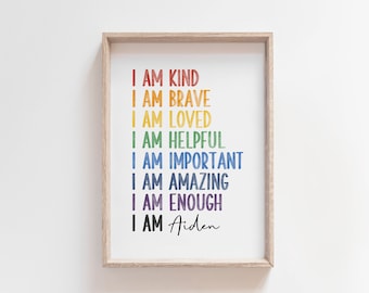 Custom Kids Affirmation Wall Art, Custom Name Print, Affirmation for Kids, Rainbow Watercolor, Personalized Gift for Kids, I am enough