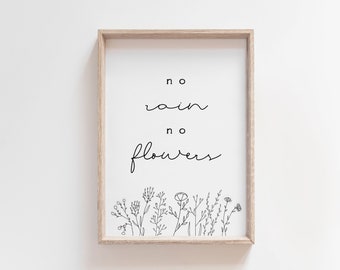 No Rain No Flowers Print: Botanical Line Art (Digital Download)