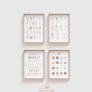 SET de 4 impresiones, acuarela neutra, números del alfabeto formas de la semana, decoración infantil boho, póster de aprendizaje Montessori, ABC 123, descarga instantánea