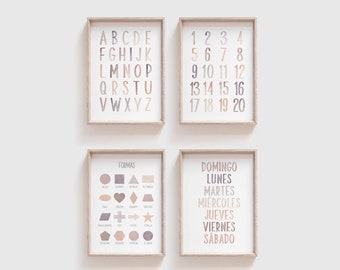 May include: Four framed prints with a neutral color palette. The prints feature the alphabet, numbers 1-20, shapes, and days of the week in Spanish. The prints are on a white background and have a light wood frame.