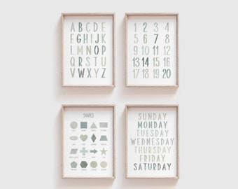 CONJUNTO de 4 impresiones de aprendizaje verde, acuarela verde salvia, forma de semana de números del alfabeto, arte de la pared de la guardería, cartel educativo Montessori, ABC 123
