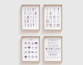 Purple Watercolor Learning Prints (Set of 4) : Alphabet, Numbers, Shapes, Weekdays (Digital Download)