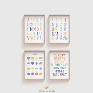 Watercolor Alphabet Number Week Shapes, SET of 4 Prints, Nursery Wall Art, Rainbow Color, Montessori Educational Wall Art, Learning Print
