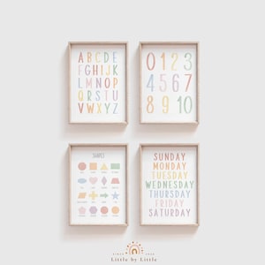 SET de 4 impresiones, acuarela suave del arco iris, formas de la semana de números del alfabeto, decoración infantil pastel, póster de aprendizaje Montessori, descarga instantánea