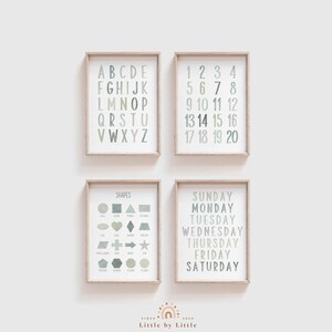 SET von 4 grünen Lerndrucken, salbeigrünes Aquarell, Alphabet Zahlen Wochenform, Kinderzimmer Wandkunst, Montessori pädagogisches Poster, ABC 123