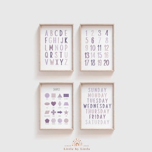 SET of 4 Purple Learning Prints, Purple Watercolor, Alphabet Numbers Week Shape, Classroom Homeschool Decor, Montessori Educational Poster