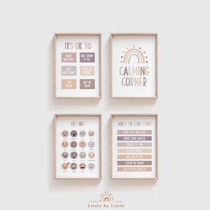Calming Corner Posters, Set of 4 Prints, Neutral Watercolor, Calming Techniques, Boho Classroom Decor, Feelings & Emotions Chart, It&#39;s OK to