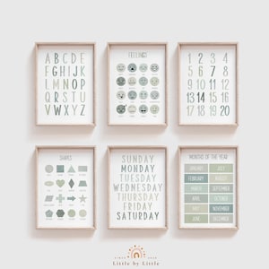Impresiones de aprendizaje de acuarela verde salvia, SET de 6, alfabeto, números, semana, sentimiento, formas, mes, cartel educativo Montessori, aula