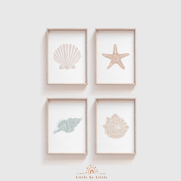 SET of 4 Prints, Sea Shell Printable, Nautical Nursery Decor, Coastal Home Decor, Summer Wall Decor, Boho Neutral Color, Starfish Print