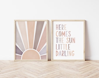 Sunshine Watercolor Prints (Set of 2): Here Comes The Sun, Boho Nursery Decor (Digital Download)
