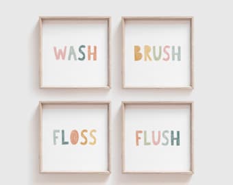 Kids Bathroom Rules Print (Set of 4) : Wash Brush Floss Flush, Pastel Colors (Digital Download)