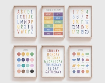 Juego de láminas de aprendizaje Montessori (6 unidades): acuarela arcoíris, decoración para el aula y la educación en casa, alfabeto, números, colores, meses, formas y semanas.
