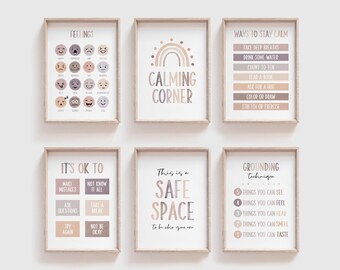 Calming Corner Posters (Set of 6) : Neutral Watercolor, Feelings, Safe Space, Grounding Techniques,  Ways To Stay Calm (Digital Download)