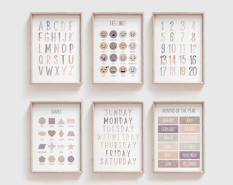 SET of 6 Learning Prints, Neutral Watercolor, Alphabet, Numbers, Week, Feeling, Shapes, Month, Montessori Educational Poster, Gender Neutral