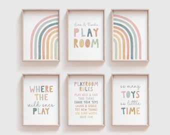 Set of 6 Custom Playroom Sign, Pastel Earthy Color, Playroom Decor, Gender Neutral, Where The Wild Ones Play, Playroom Rules, Play Quote