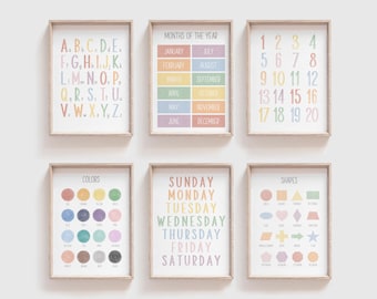May include: Set of six colorful educational posters for children. The posters feature the alphabet, numbers 1-20, days of the week, months of the year, shapes, and colors. Each poster has a different pastel color scheme.