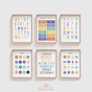 CONJUNTO de 6 impresiones de aprendizaje, alfabeto número semana formas colores meses, acuarela arco iris, cartel educativo Montessori, arte de la pared de la guardería