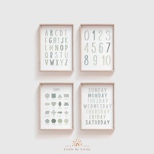 Carteles de aprendizaje de acuarela verde salvia, SET de 4, formas de la semana de los números del alfabeto, arte de la pared de la guardería, impresión educativa Montessori, ABC 123