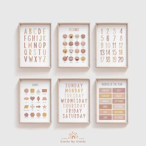 SET of 6 Learning Prints, Boho Watercolor, Alphabet, Numbers, Week, Feelings, Shapes, Month, Montessori Educational Poster, Classroom Decor
