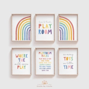 Conjunto de 6 letreros de sala de juegos personalizados, colores del arco iris, decoración colorida de la sala de juegos, género neutro, donde juegan los salvajes, reglas de la sala de juegos, cita de juego