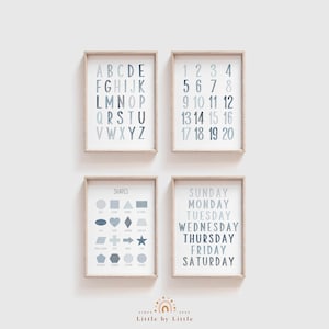 Impresiones inclinadas de acuarela azul, formas de semana de números de alfabeto, SET de 4, arte de pared de vivero, decoración de vivero azul, cartel educativo Montessori