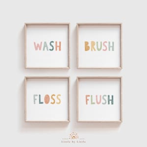 SET of 4 Kids Bathroom Signs, Wash Brush Floss Flush, Bathroom Rules, Kids Digital Print, Kids Bathroom Decor, Children's Washroom Wall Art