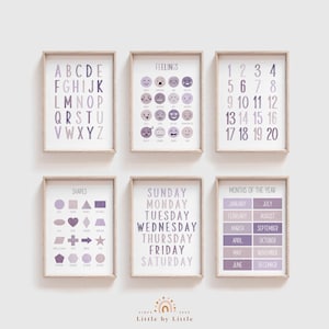 Purple Watercolor Learning Prints, Set of 6,  Alphabet, Numbers, Montessori Educational Print, Homeschool Classroom Decor, Girls Room Decor