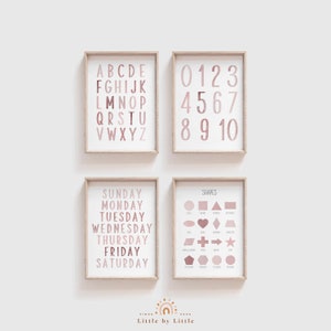 CONJUNTO de 4 impresiones educativas, acuarela rosa rubor, formas de semana de números alfabéticos, arte de pared de guardería rosa, cartel de aprendizaje Montessori, ABC 123