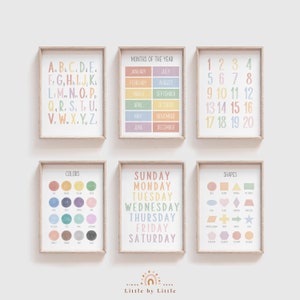 Watercolor Learning Prints, SET of 6, Alphabet Number Week Shape Color Month, Pastel Color, Montessori Educational Poster, Nursery Wall Art