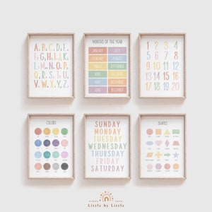 Impresiones de aprendizaje de acuarela, SET de 6, Mes de color de forma de semana de número de alfabeto, Color pastel, Cartel educativo Montessori, Arte de pared de guardería