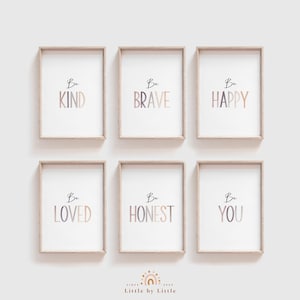 CONJUNTO de 6 estampas, seja gentil, seja corajoso, seja feliz, seja honesto, seja amado, seja você, decoração de quarto infantil, arte neutra de berçário, impressão de letras em aquarela