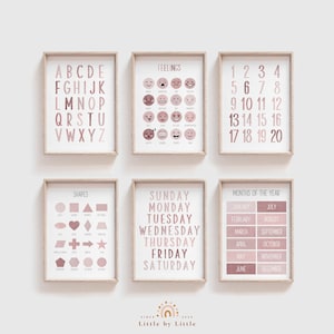 CONJUNTO de 6 impresiones de aprendizaje rosa, acuarela rosa rubor, alfabeto, números, semana, tabla de sentimientos, formas, mes, póster educativo Montessori