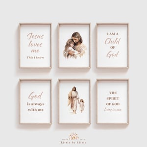 Set of 6 Christian Nursery Bible Verse Prints, Christ&#39;s Embrace, Jesus Watercolor Painting, Girl Nursery Decor, Baptism Gift, Jesus Loves Me