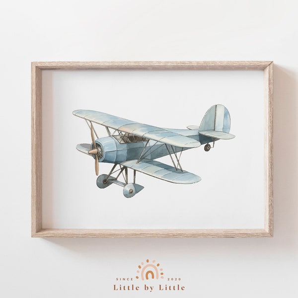 Watercolor Vintage Biplane Nursery Wall Art, Blue Watercolor, Retro Plane Airplane Print, Boy Room Decor, Travel Adventure Nursery Decor