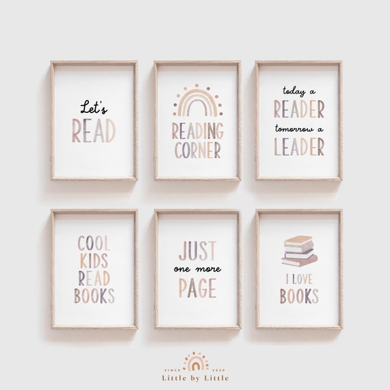 Reading Corner Sign Bundle (Set of 6) : Neutral Watercolor, Let's Read, Reader Leader, Cool Kids Read Books, Just One More Page