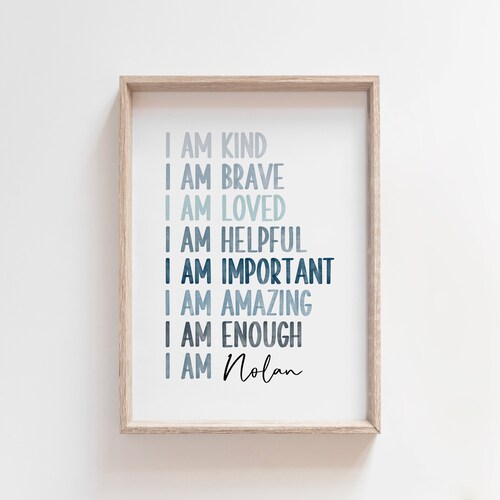 Blue Watercolor Kids Affirmation Print, Custom Name, Positive Affirmation for Kids, Boy Room Decor, Personalized Gift for Kids, I am enough