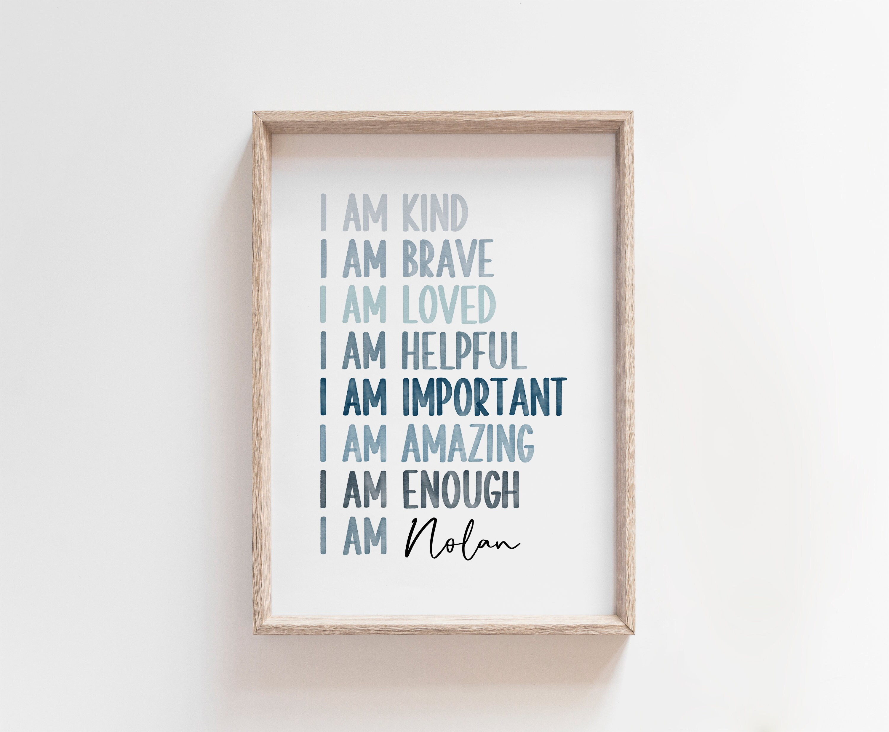 Blue Watercolor Kids Affirmation Print, Custom Name, Positive Affirmation for Kids, Boy Room Decor, Personalized Gift for Kids, I am enough