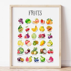 Cartel de frutas de acuarela, cartel de aprendizaje de escuela en el hogar preescolar, impresión educativa Montessori, decoración de la guardería de la habitación de los niños del aula, IMPRIMIBLE