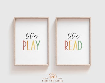 Playroom Wall Art Prints (Set of 2) : Let's Play, Let's Read, Rainbow Watercolor (Digital Download)