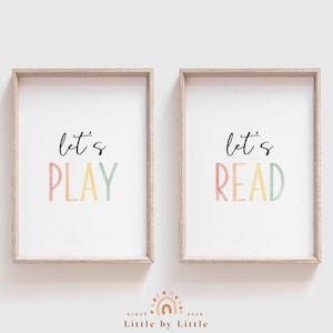 SET of 2 Let&#39;s Play Let&#39;s Read Prints, Play Read Wall Art, Kids Room Decor, Playroom Wall Art, Playroom Decor, Pastel Rainbow Watercolor