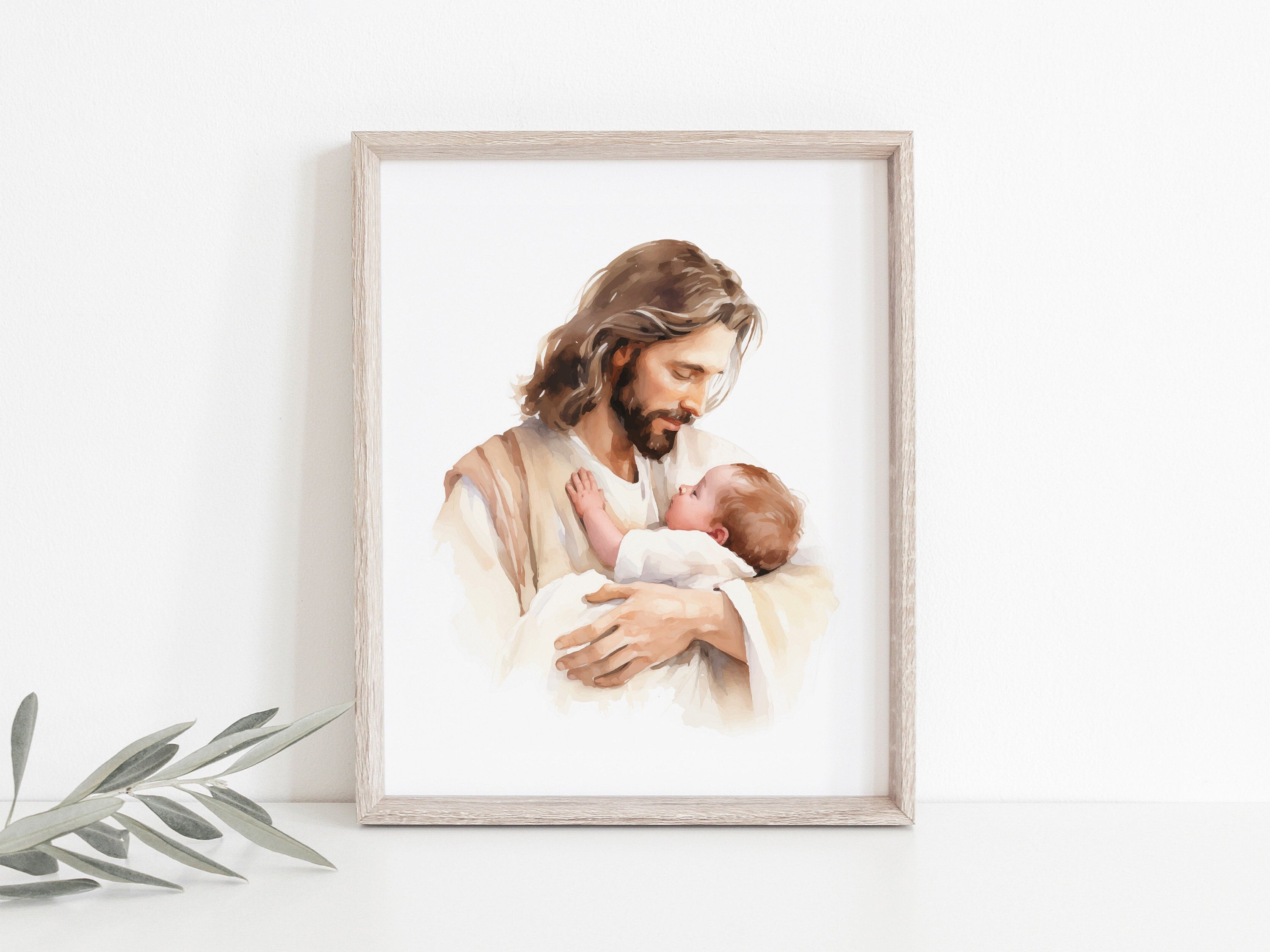 Watercolor Painting Of Jesus Holding A Newborn Baby, Christ's Embrace Wall Art, Christian Nursery Decor, Baptism Newborn Baby Shower Gift