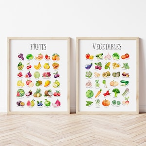 Conjunto de 2 impresiones de frutas y verduras en acuarela, póster de aprendizaje preescolar, impresión educativa Montessori, decoración de cocina de juego, impresión de educación en el hogar