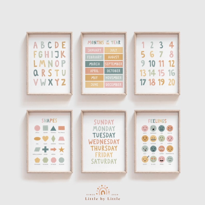 May include: Set of six colorful educational posters for children. The posters feature the alphabet, numbers 1-20, months of the year, days of the week, shapes, and feelings. The posters are designed in a modern minimalist style with a pastel color palette.