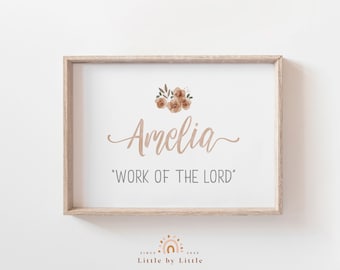 Amelia nombre significa impresión, significado de Amelia, nuevo regalo de bebé, decoración de la habitación de la guardería de las niñas, signo del nombre de la guardería de la acuarela, arte de pared imprimible