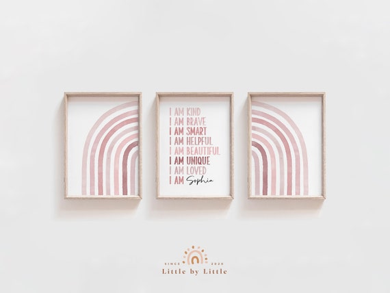 Girls Affirmation Print, SET of 3, Personalized Affirmation Wall Art, Girls Room Decor, Blush Pink Watercolor Half Rainbow, Baby Shower Gift