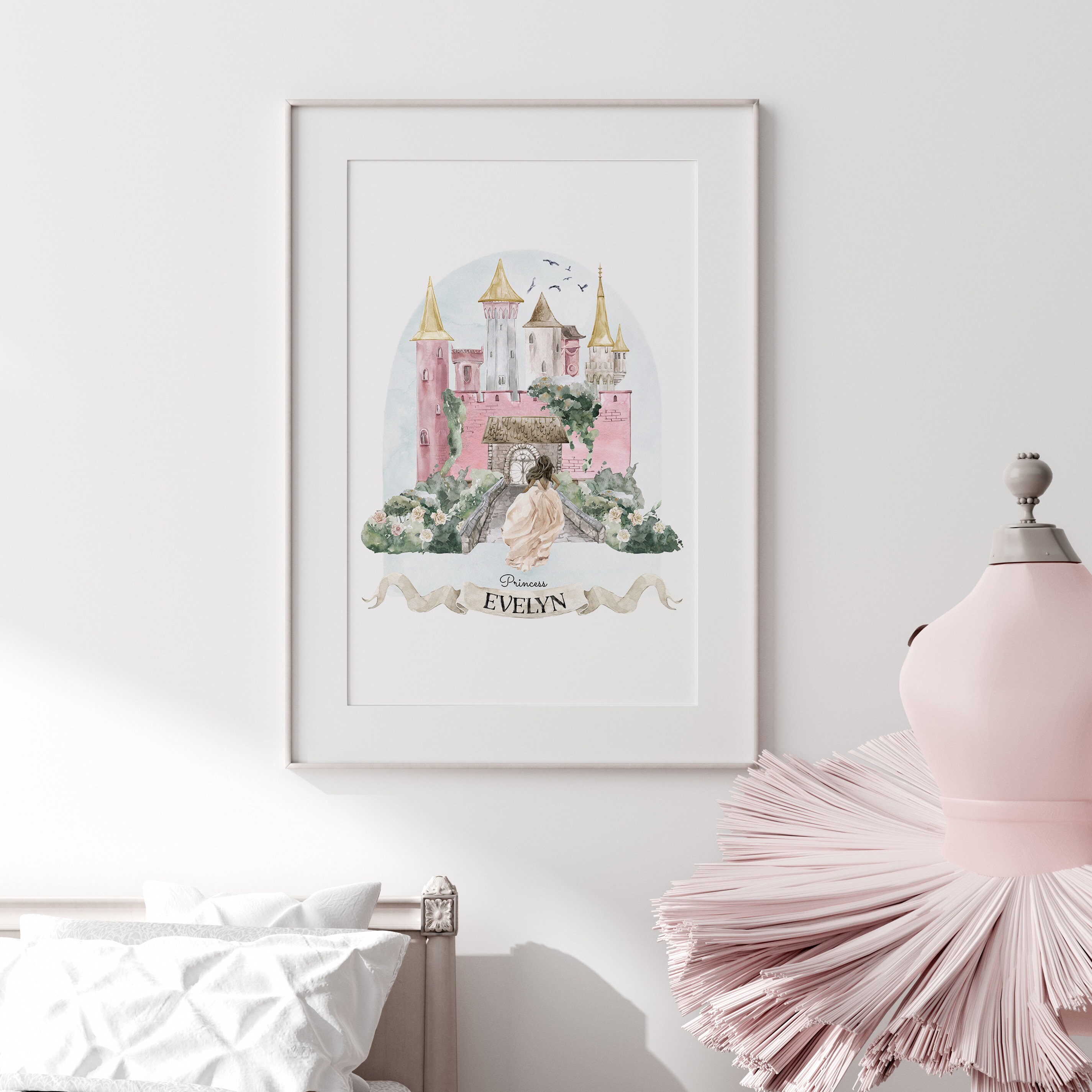 Watercolor Princess Castle Custom Name Art, Dark Skin Princess ...