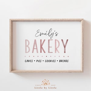 Kids Bakery Sign, Custom Play Kitchen Sign, Bake Shop Sign, Personalized Gift, Pink Watercolor, Girls Playroom Decor, Play Kitchen Decor